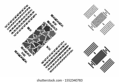 Space station mosaic of tremulant elements in variable sizes and color tints, based on space station icon. Vector rugged elements are composed into mosaic.