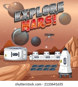 Space station on planet with Explore Mars logo illustration