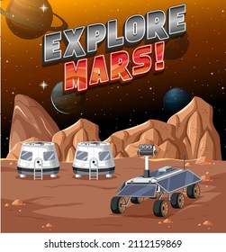 Space station on planet with Explore Mars logo illustration