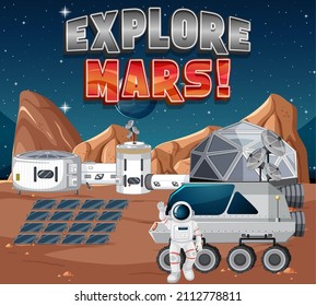 Space station on planet with Explore Mars logo illustration