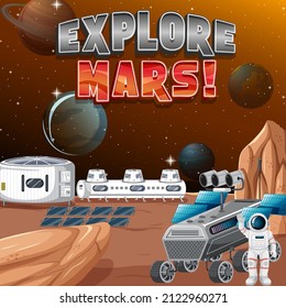 Space station on planet with Explore Mars logo illustration