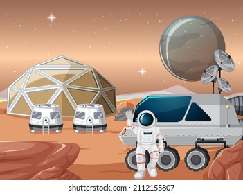 Space station on planet landscape illustration