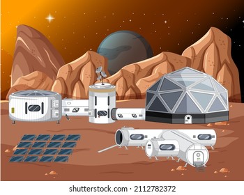 Space station on planet landscape illustration