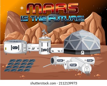 Space station on planet with Mars is the future logo illustration