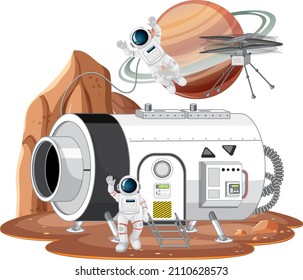 Space station on planet with spaceship and astronaut illustration