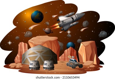 Space station on planet with spaceship illustration