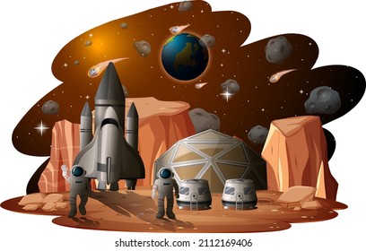 Space station on planet with spaceship illustration