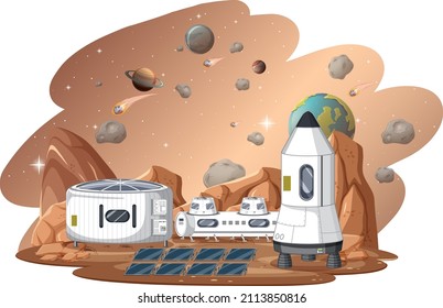 Estación espacial en el planeta con ilustración de nave espacial