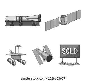 The space station in orbit, the preparation of the launch rocket, the lunar rover on the surface. Space technology set collection icons in monochrome style vector symbol stock illustration web.