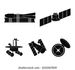 The space station in orbit, the preparation of the launch rocket, the lunar rover on the surface. Space technology set collection icons in black style vector symbol stock illustration web.