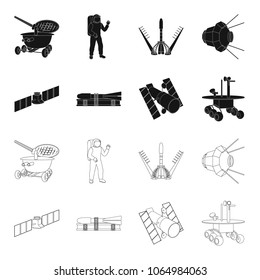 The space station in orbit, the preparation of the launch rocket, the lunar rover on the surface. Space technology set collection icons in black,outline style vector symbol stock illustration web.