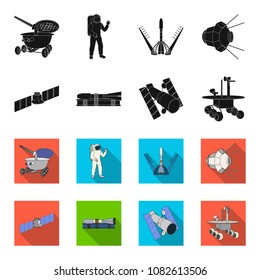 The space station in orbit, the preparation of the launch rocket, the lunar rover on the surface. Space technology set collection icons in black,flet style vector symbol stock illustration web.