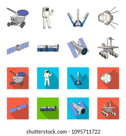 The space station in orbit, the preparation of the launch rocket, the lunar rover on the surface. Space technology set collection icons in cartoon,flat style vector symbol stock illustration web.