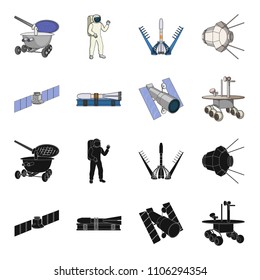 The space station in orbit, the preparation of the launch rocket, the lunar rover on the surface. Space technology set collection icons in black,cartoon style vector symbol stock illustration web.