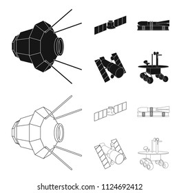 The space station in orbit, the preparation of the launch rocket, the lunar rover on the surface. Space technology set collection icons in black,outline style vector symbol stock illustration web.