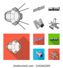 The space station in orbit, the preparation of the launch rocket, the lunar rover on the surface. Space technology set collection icons in monochrome,flat style vector symbol stock illustration web.