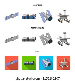 The space station in orbit, the preparation of the launch rocket, the lunar rover on the surface. Space technology set collection icons in cartoon,flat,monochrome style vector symbol stock