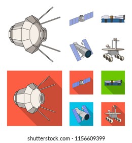 The space station in orbit, the preparation of the launch rocket, the lunar rover on the surface. Space technology set collection icons in cartoon,flat style vector symbol stock illustration web.