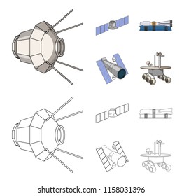 The space station in orbit, the preparation of the launch rocket, the lunar rover on the surface. Space technology set collection icons in cartoon,outline style vector symbol stock illustration web.