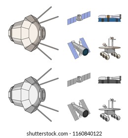 The space station in orbit, the preparation of the launch rocket, the lunar rover on the surface. Space technology set collection icons in cartoon,monochrome style vector symbol stock illustration web