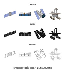 The space station in orbit, the preparation of the launch rocket, the lunar rover on the surface. Space technology set collection icons in cartoon,black,outline style vector symbol stock illustration