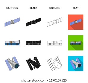 The space station in orbit, the preparation of the launch rocket, the lunar rover on the surface. Space technology set collection icons in cartoon,black,outline,flat style vector symbol stock