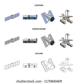 The space station in orbit, the preparation of the launch rocket, the lunar rover on the surface. Space technology set collection icons in cartoon,outline,monochrome style vector symbol stock