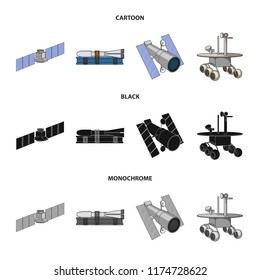 The space station in orbit, the preparation of the launch rocket, the lunar rover on the surface. Space technology set collection icons in cartoon,black,monochrome style vector symbol stock