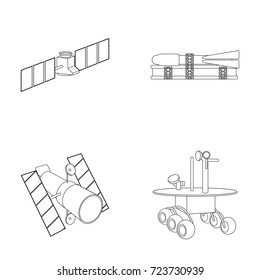 The space station in orbit, the preparation of the launch rocket, the lunar rover on the surface. Space technology set collection icons in outline style vector symbol stock illustration web.