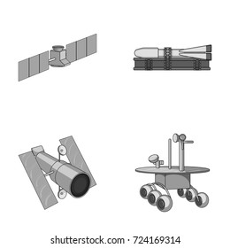The space station in orbit, the preparation of the launch rocket, the lunar rover on the surface. Space technology set collection icons in monochrome style vector symbol stock illustration web.