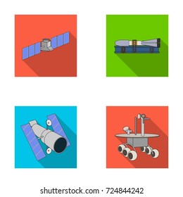 The space station in orbit, the preparation of the launch rocket, the lunar rover on the surface. Space technology set collection icons in flat style vector symbol stock illustration web.