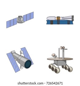The space station in orbit, the preparation of the launch rocket, the lunar rover on the surface. Space technology set collection icons in cartoon style vector symbol stock illustration web.