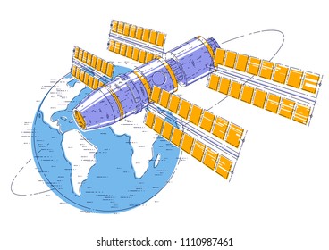 Space station orbiting around earth, spaceflight, spacecraft spaceship iss with solar panels, artificial satellite. Thin line 3d vector illustration.