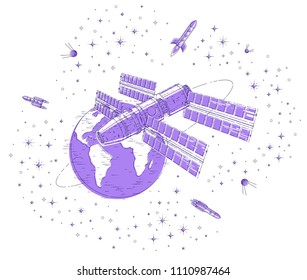 Space station orbiting around earth, spaceflight, spacecraft spaceship iss with solar panels, artificial satellite, with rockets, stars and other elements. Thin line 3d vector illustration.