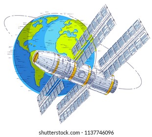 Space station orbiting around earth, spaceflight, spacecraft spaceship iss with solar panels, artificial satellite. Thin line 3d vector illustration.