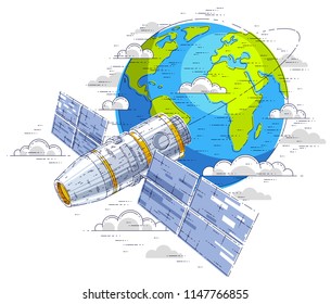 Space station orbiting around earth, spaceflight, spacecraft spaceship iss with solar panels, artificial satellite. Thin line 3d vector illustration.
