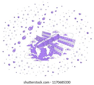 Space station orbiting around earth, spaceflight, spacecraft spaceship iss with solar panels, artificial satellite, under asteroid rain and stars. Thin line 3d vector illustration.