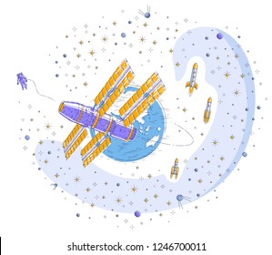 Space station orbiting around earth, spaceflight, spacecraft spaceship iss with solar panels, artificial satellite, with rockets, stars and other elements. Thin line 3d vector illustration.