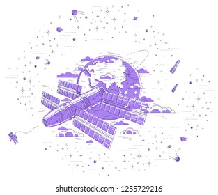 Space station orbiting around earth, spaceflight, spacecraft spaceship iss with solar panels, artificial satellite, with rockets, stars and other elements. Thin line 3d vector illustration.