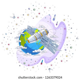 Space station orbiting around earth, spaceflight, spacecraft spaceship iss with solar panels, artificial satellite, with rockets, stars and other elements. Thin line 3d vector illustration.