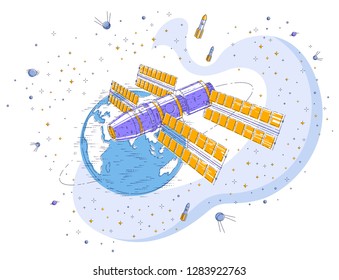 Space station orbiting around earth, spaceflight, spacecraft spaceship iss with solar panels, artificial satellite, with rockets, stars and other elements. Thin line 3d vector illustration.