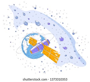 Space station orbiting around earth, spaceflight, spacecraft spaceship iss with solar panels, artificial satellite, under asteroid rain and stars. Thin line 3d vector illustration.