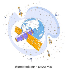 Space station orbiting around earth, spaceflight, spacecraft spaceship iss with solar panels, artificial satellite, with rockets, stars and other elements. Thin line 3d vector illustration.