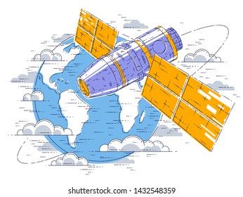 Space station orbiting around earth, spaceflight, spacecraft spaceship iss with solar panels, artificial satellite. Thin line 3d vector illustration.