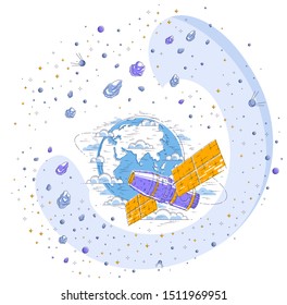 Space station orbiting around earth, spaceflight, spacecraft spaceship iss with solar panels, artificial satellite, surrounded by stars and other elements. Thin line 3d vector illustration.