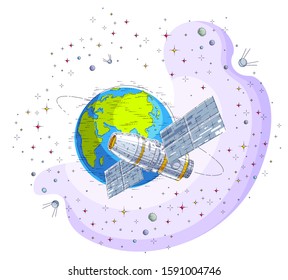 Space station orbiting around earth, spaceflight, spacecraft spaceship iss with solar panels, artificial satellite, surrounded by stars and other elements. Thin line 3d vector illustration.