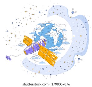 Space station orbiting around earth, spaceflight, spacecraft spaceship iss with solar panels, artificial satellite, surrounded by stars and other elements. Thin line 3d vector illustration.