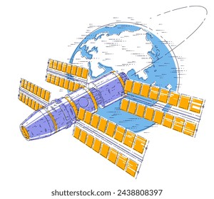 Raumstation, die um die Erde kreist, Raumfahrt, Raumschiff ist mit Sonnenkollektoren, künstlichem Satelliten. Dünne Linie 3D-Vektorgrafik.