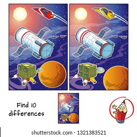 Space station orbiting the planet and spaceships. Find 10 differences. Educational matching game for children. Cartoon vector illustration