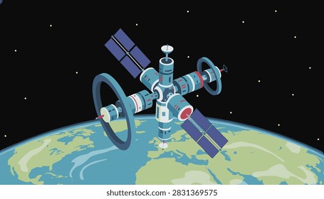 Space station orbits the Earth while showcasing high-tech solar panels and communication antennas in outer space.